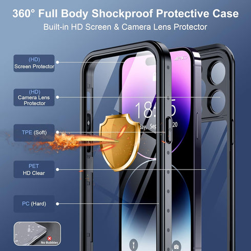 SPIDERCASE Waterproof Case for iPhone 14 Pro, Built-in Lens & Screen Protector, Heavy Duty Protection, Black/Clear