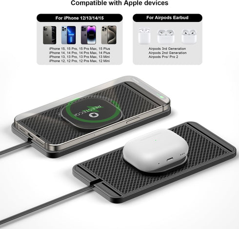 Magnetic Wireless Car Charger Pad - REESTECQI 15W for Magsafe Charger, Non Slip Type C with 40W Car Charger for iPhone