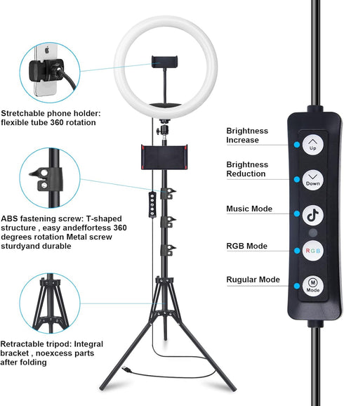 12" Selfie Ring Light with 63" Tripod Stand - 3 Phone Holder, LED Camera Ringlight with RGB Colors Modes for