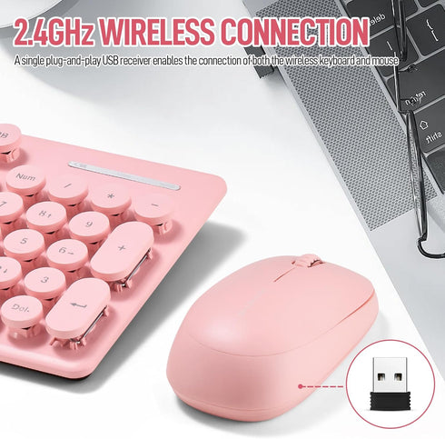 Wireless Keyboard and Mouse Combo - Full Size Compact Quiet Set 2.4G Ultra-Thin Design for Windows, PC, Laptop, Pink.