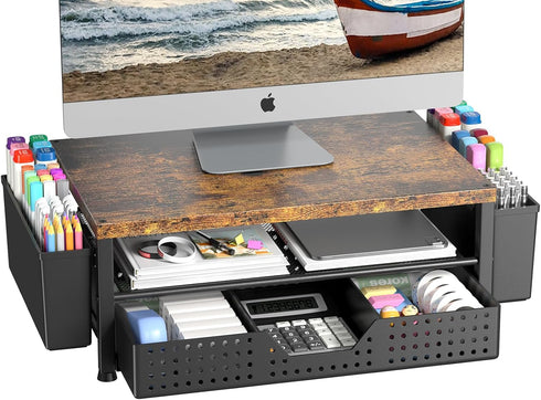 Wood Metal Monitor Stand Riser, Laptop Stand for Desk, Office Desk Organizer