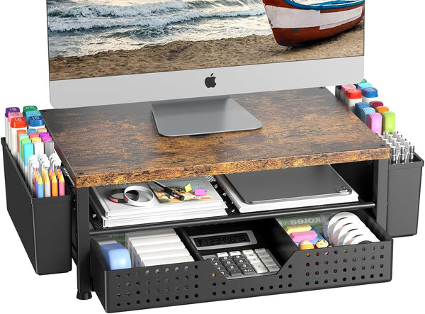 Wood Metal Monitor Stand Riser, Laptop Stand for Desk, Office Desk Organizer