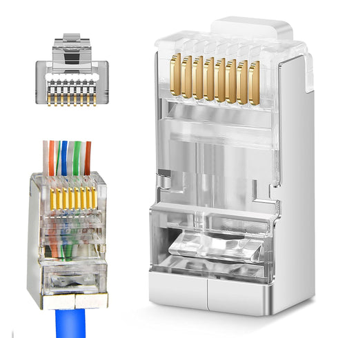 Shielded RJ45 Cat5 Cat6 Pass Through Connectors, 3 Prong 8P8C Gold Plated Pass-Thru Modular Data Plug, 20Pack
