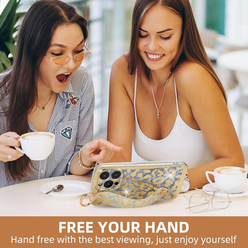 Cheetah Print Ultra Slim IMD Shockproof Wrist Band Kickstand Cover Case for iPhone 13 Pro 6.1-inch (Leopard Skin