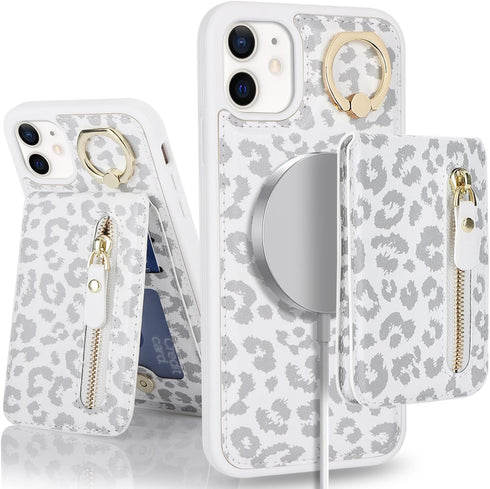 iPhone 12 Pro Case with Card Holder, Wallet for Women MagSafe Compatible Detachable 2-in-1 for Men, White Leopard