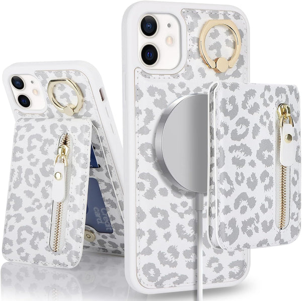iPhone 12 Pro Case with Card Holder, Wallet for Women MagSafe Compatible Detachable 2-in-1 for Men, White Leopard