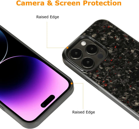 molzar Grip Series Case for iPhone 14 Pro Max, Real Forged Carbon Fiber, Wireless Charging Compatible (Glossy Black/Red)