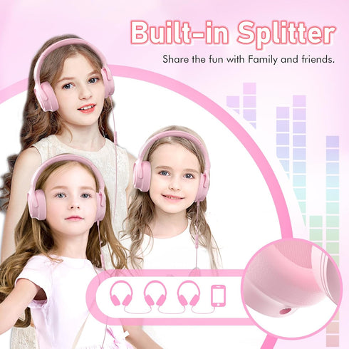 Kids Headphones with Cord, 3.5mm Jack, Safe Volume Control, Built-in Microphone, Pink