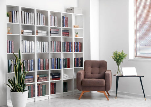 BELECO 7x5ft Fabric Living Room Backdrop Modern Room Interior with Armchair White Bookcase, Office Zoom Meeting
