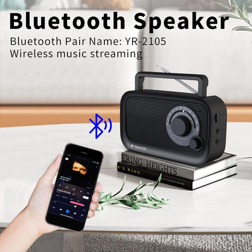 AM FM Radio with Best Reception, Portable Bluetooth Speaker Radio, Battery Operated or AC Power, Black