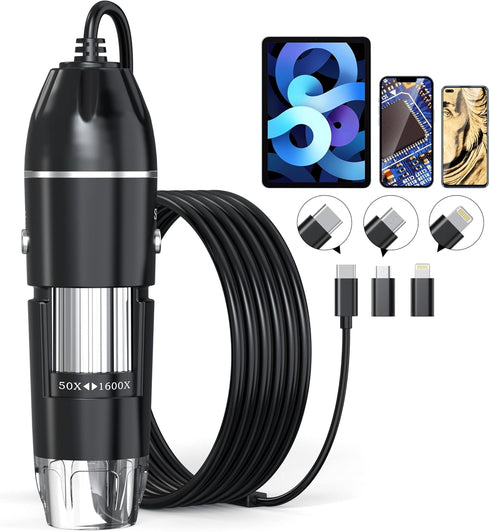 USB Digital Microscope, 50x-1600x Magnification Handheld, 1440P HD with 8 LED Lights, Portable for iOS and Android