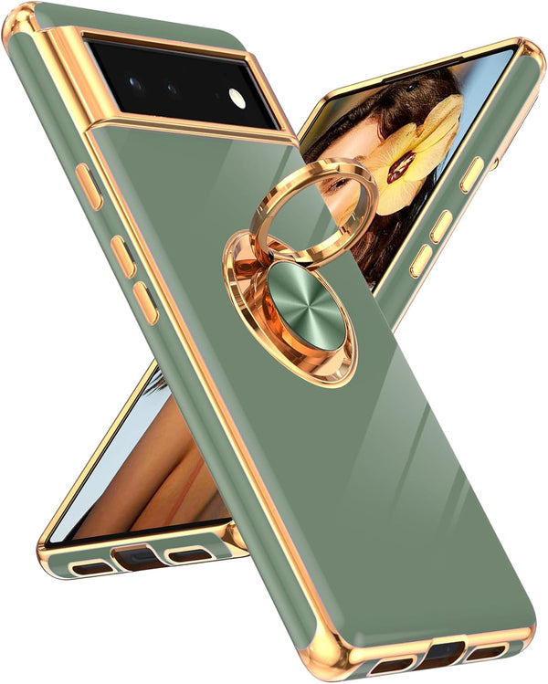 LeYi Google Pixel 6 Case: L-Green, Plating Rose Gold Edge, 360° Rotatable Ring Holder & Magnetic Kickstand.