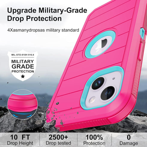 Annymall Heavy Duty Case for iPhone 14 with 2 Screen Protectors, Full Body Shockproof 3-Layer Rugged Cover - Rose/Light