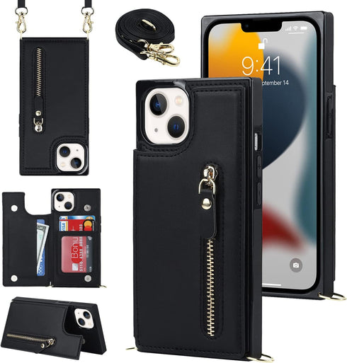 iPhone 13 Crossbody Phone Case - Black Leather Wallet with Card Holders, Adjustable Strap, Protective Design, 6.1 inch.