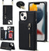 iPhone 13 Crossbody Phone Case - Black Leather Wallet with Card Holders, Adjustable Strap, Protective Design, 6.1 inch.
