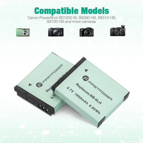FirstPower 2-Pack NB-6LH/NB-6L Batteries for Powershot S120, SX510 HS, SX280 HS, SX500 is, SX700, D20, S90