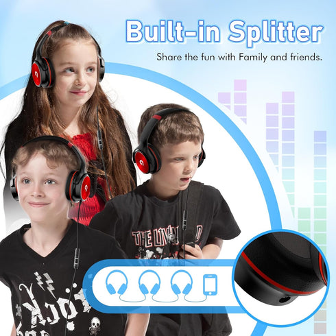 Kids Headphones (Black-Red) with 85dB/94dB Volume Limiter, Foldable HD Stereo Sound, Microphone for Kindle/iPad/Laptop.