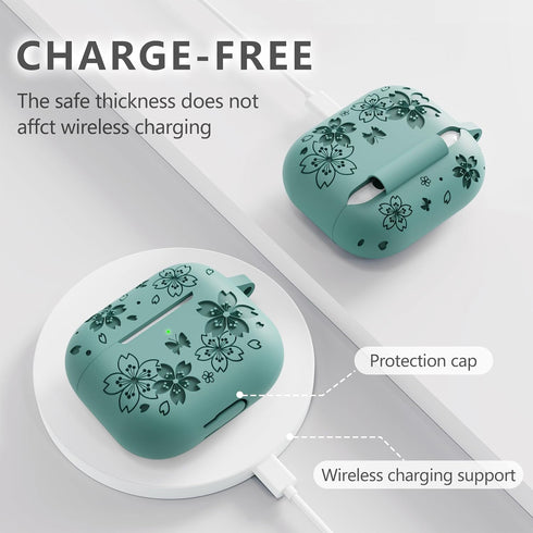Silicone Case for AirPods 3rd Generation with Butterfly Flowers Engraved Design, Cleaner Kit & Keychain, Green