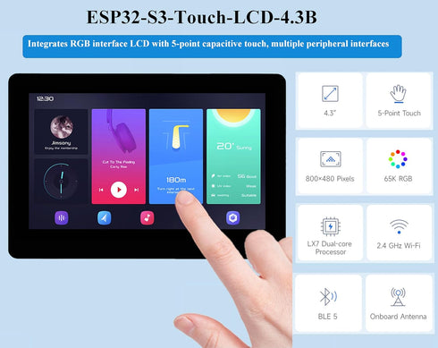 ESP32-S3 4.3inch Touch Screen Development Board, Capacitive IPS Display 800x480, Support 2.4GHz Wi-Fi and Bluetooth 5