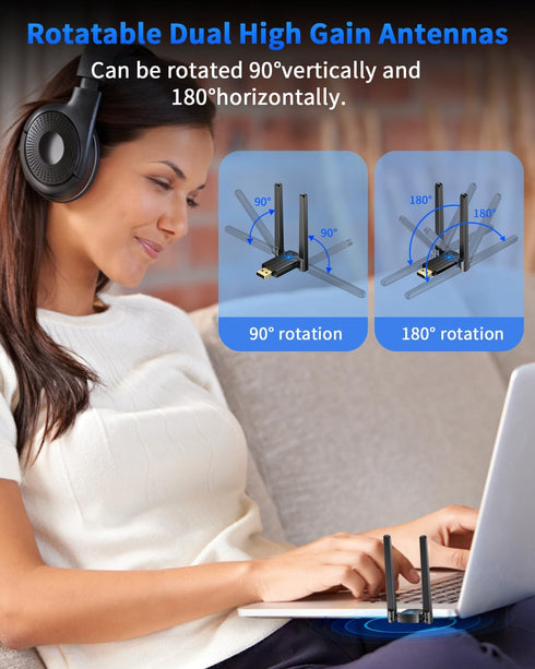 Long Range USB Bluetooth Adapter ZEXMTE for PC, 5.4 USB Dongle with High Gain Antenna, 590FT Wireless Receiver