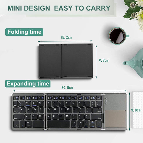 ROCK&ROWN Foldable Bluetooth Keyboard, Pocket Size Portable Wireless Keyboard with Touchpad for Mac OS,Android, Windows, Linux, PC, Tablet, with Rechargeable Li-ion Battery-Dark Gray