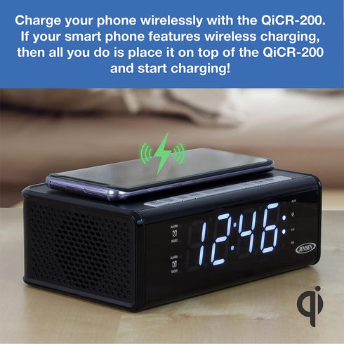 Jensen QiCR-200 Dual Alarm Clock Radio with Qi Charging, White, 9.40in. x 5.00in. x 3.00in.