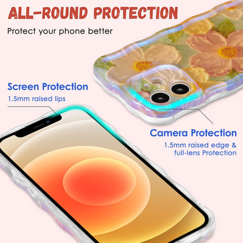 QLTYPRI Laser Colorful Retro Oil Painting Case for iPhone 12, Cute Curly Wave Frame, Green