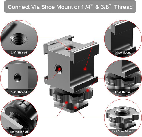 1/4"-20 3/8"-16 Triple Cold Shoe Mount Adapter, Cold Shoe Adapter Extension Bracket,Cold Shoe Mount Adapter