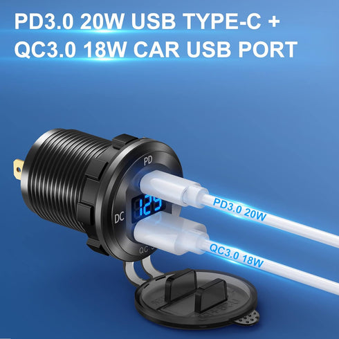 12V USB C Aluminum Car Charger Socket, 12 Volt USB Outlet, PD 20W and Quick Charge 3.0 18W Car USB Port Waterproof with Voltmeter & Power Switch, Suitable for Marine Truck Motorcycle Boat Golf cart RV