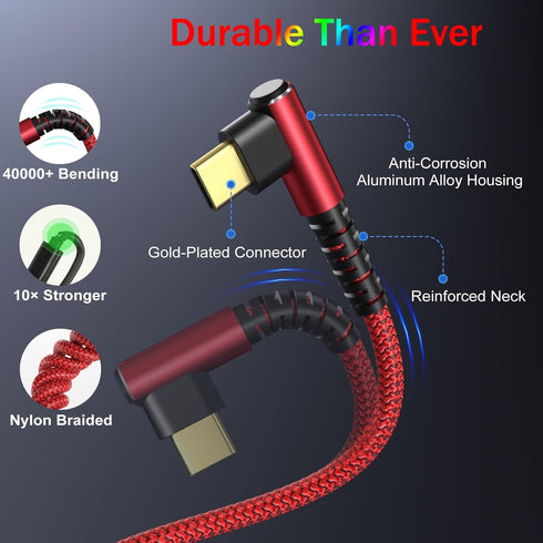 OKRAY USB C Cable 2-Pack, 10ft iPhone 15 Charger Cord, USB-C to C 90 Degree Right Angle, 60W Fast Charging (Red)