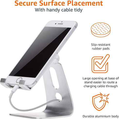 Amazon Basics 3.15 2.87 3.74 inch, Adjustable Aluminum Phone Stand for Cell Phones, iPhone and Android, Desktop Phone