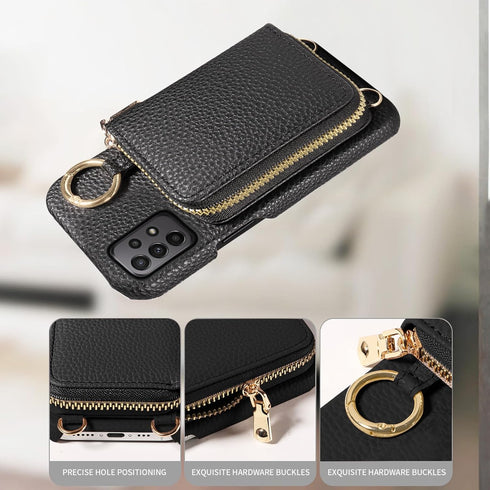 Furiet Wallet Case for Samsung Galaxy A53 5G with Shoulder Strap Ring Buckle, PU Leather Zipper Flip Organ Purse, Card Holder Stand Full Body Cell Phone Cover for A 53 G5 53A SM A536U 6.5" 2022 Black