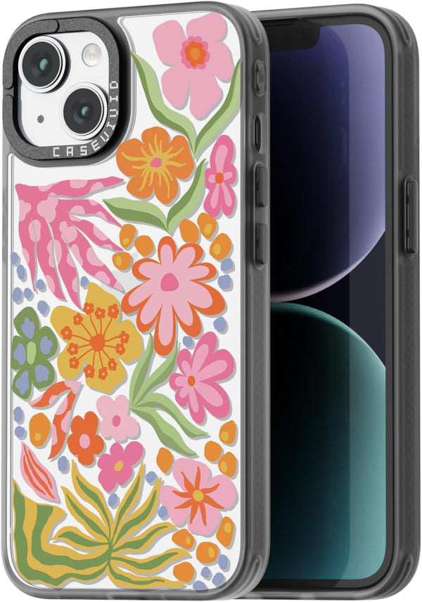 Cute Aesthetic iPhone 15 Case - Durable Girly Passion Flower Print Cover for Women, 6.1 inches, Black.