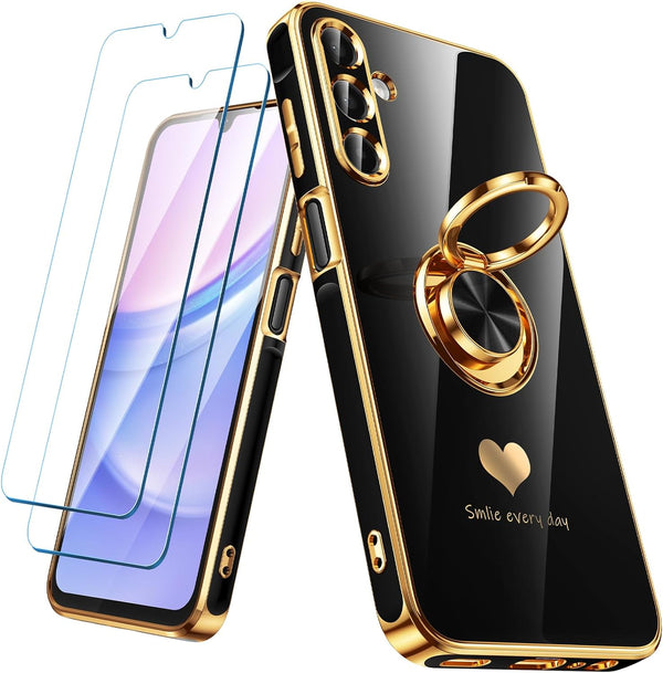 Samsung Galaxy A15 5G Case with 2 Pack Screen Protector, 360° Rotatable Ring Holder, Luxury Hearts Pattern, Plating