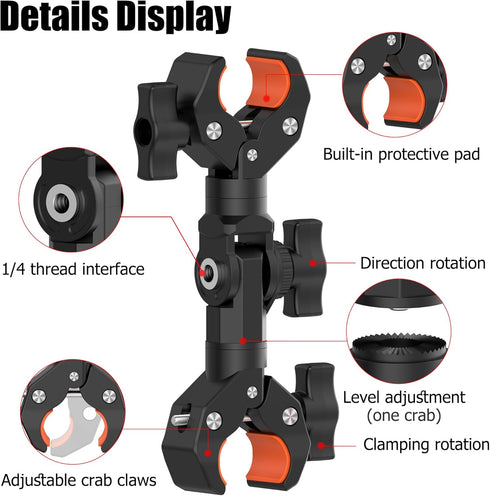 Double Clamp Mount Bracket Magic Arm with 1/4" Screw, Double Camera Clamp for Umbrella, Light Stand, Bike, Photography