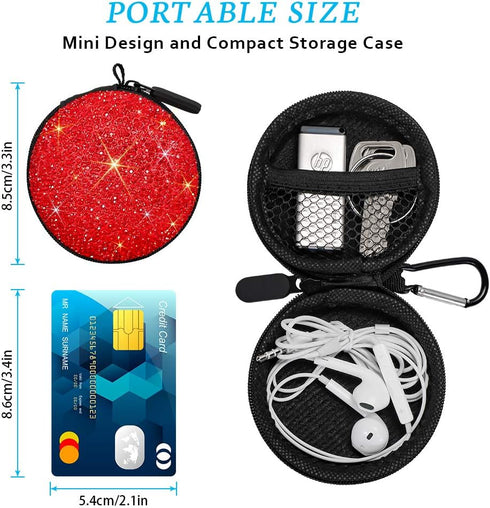 SAVORI Earphone Case - Bling Rhinestone Crystal Portable Headphone Organizer Pouch Bag with Carabiner, 1 Pack (Red)