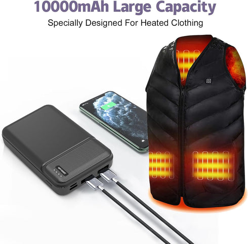 5V/2A 10000mAh Battery Pack for Heated Vest, USB Power Bank for Electric Heating Vests, Jackets, Hoodies (Not for 7.4V)