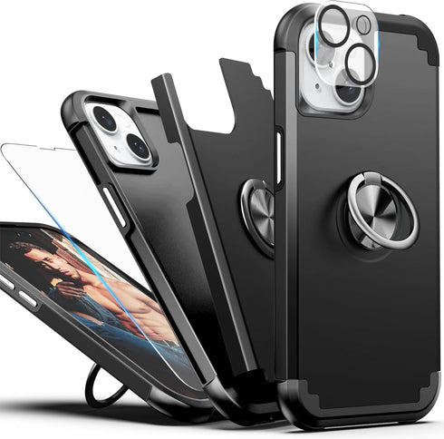 IDweel for iPhone 15 Case with Screen Protector + 360°Ring Holder Stand + Camera Lens Protector,2 in 1 Shockproof Slim Fit Hybrid Heavy Duty Hard PC Cover Soft Silicone Bumper Full Body Case,Black