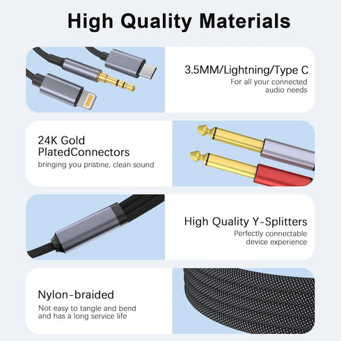 USB C 3.5mm and Lightning to Dual 6.35mm 1/4" TS Mono Stereo Y-Cable, 3 in 1 Dual 1/4 inch Audio Cable for iPhone