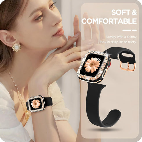DABAOZA Compatible Apple Watch Bands 40mm with Bumper, Bling Glitter Women Silicone Soft Strap for iWatch (Black
