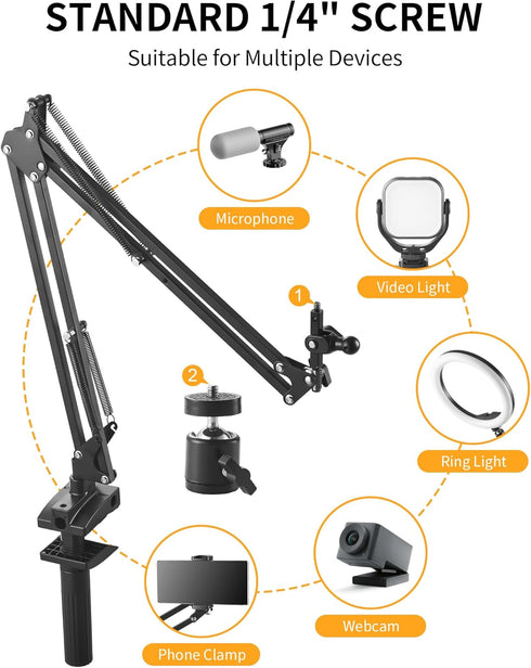 Phone Holder for Bed Desk, Flexible Camera Arm Desk Mount Clamp with Phone Holder and Ball Head, Overhead Tripod Mount