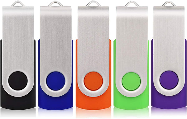 5 Pack 32GB Flash Drive, USB 2.0 Swivel Thumb Drives for Data Storage, Black/Blue/Orange/Green/Purple