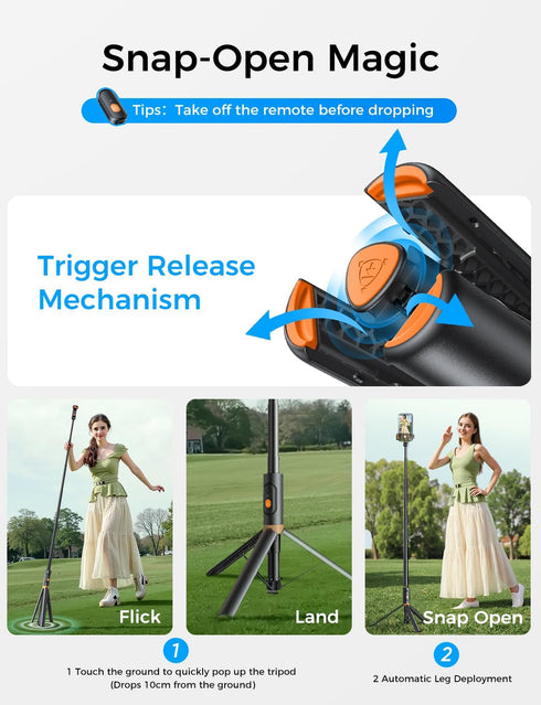 MAGIC JOHN 59" Automatic Pop-up Phone Tripod, Extendable Selfie Stick for iPhone, Selfie Stick Tripod with Detachable
