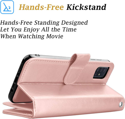 Takfox Galaxy A71 5G Case, PU Leather Wallet Case with 9 Card Slots and Lanyard for Samsung Galaxy A71 5G-Rose Gold