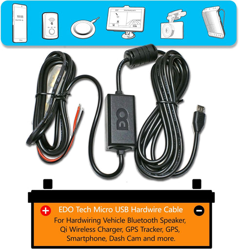 EDO Tech Ultra Compact Micro USB Direct Hardwire Car Power Cord Kit, 10 Ft for GPS Tracker, Bluetooth Speaker