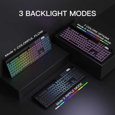 Wireless Keyboard with 7-Color RGB Backlit, Full-Size Computer Keyboard with Phone Tablet Holder, Rechargeable Gaming