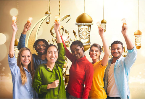 Baocicco 5x3ft Polyester Background for Eid Mubarak Photography - Golden Crescent Moon, Stars, Islamic Lanterns Decor