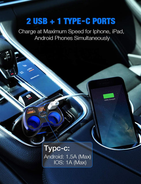 Car Charger 150W, 2-Socket Cigarette Lighter Splitter with QC 3.0 Dual USB Ports, Fast Adapter for GPS/Dash Cam/Phone