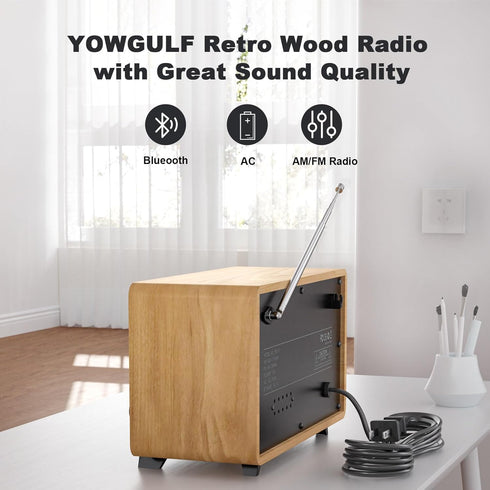 YOWGUIF AM FM Radio Classic Retro Wood Table Radio with Bluetooth Speakers for Home and Office