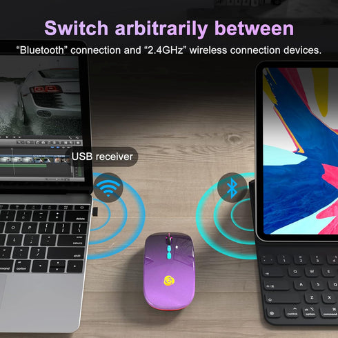 LED Wireless Mouse, Bluetooth Mouse &2.4GHz Instant Connection,Rechargeable Ultra Silent Slim,3 DPI 2 Connection Modes with USB-C to USB Adapter for Laptop/MacBook/PC/Tablet/iPad (Black-purple)
